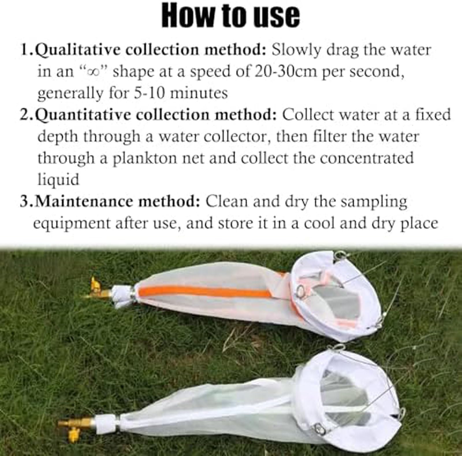 Plankton Collection Net 125/200 Échantillonneur d'organismes marins en maille avec perche télescopique pour la surveillance de l'environnement, matériau en nylon, mât de 3 m inclus