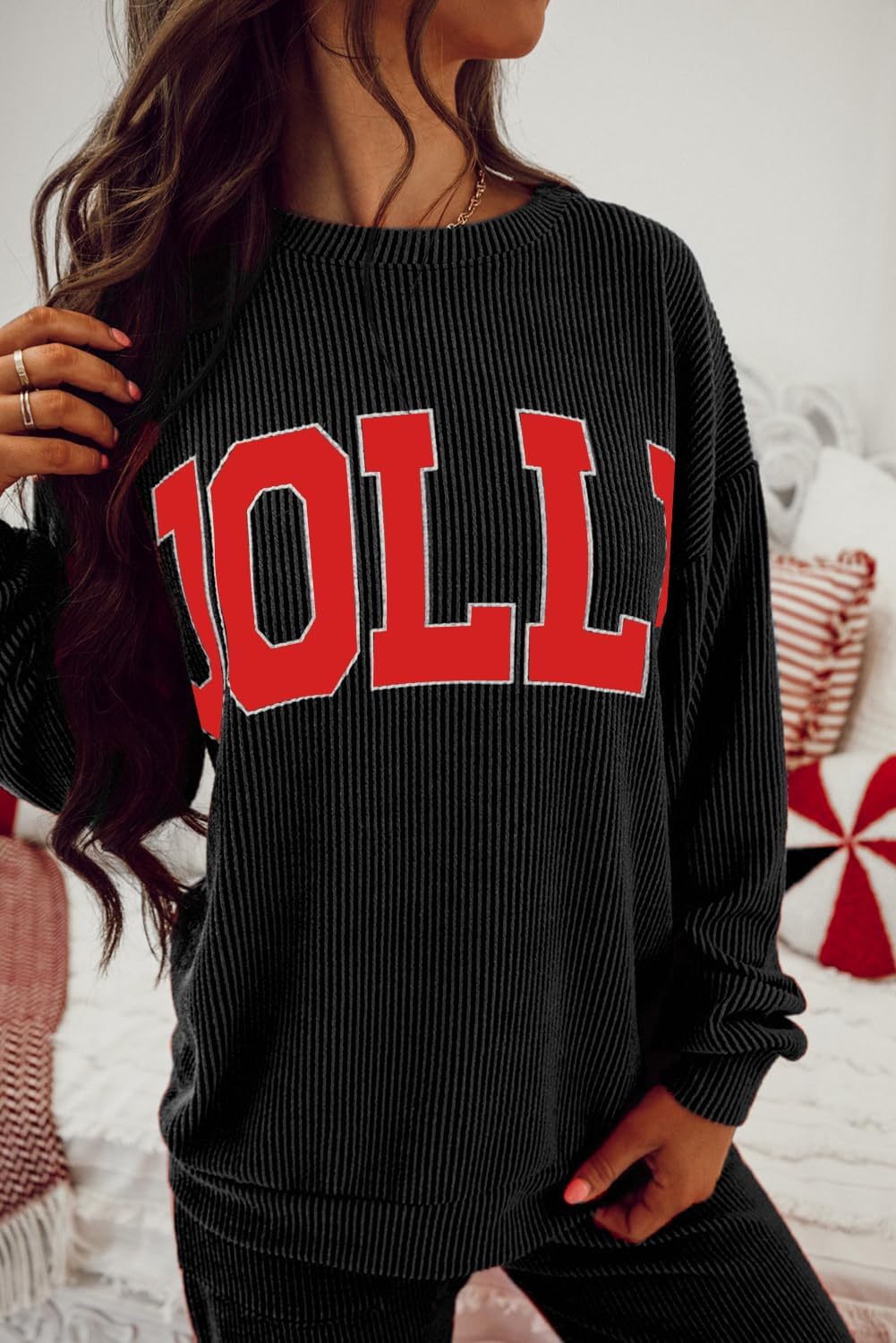 Women‘s 2 Piece Outfit Christmas Ribbed Knit Long Sleeve Letter JOLLY Top and Pockets Pants Set Matching Loungewear - Image 3