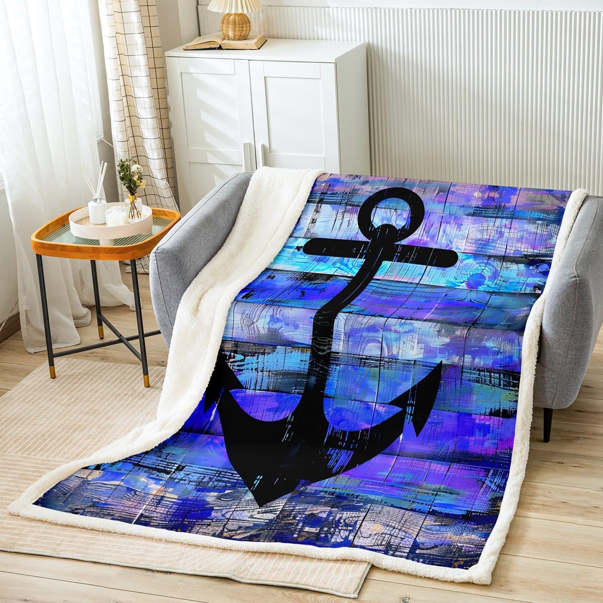 Anchor Throw Blanket 60"x80" Black Ship Anchor Sketch Bed Blanket for Girls Teens,Nautical Fleece Blanket Marine Sailing Ornament Fuzzy Blanket Weathered Wooden Planks Teal Purple Crib Stroller Decor