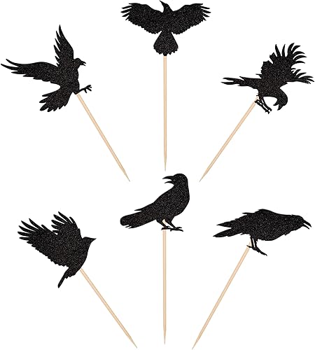 Miniatura 3 de 24 piezas de decoración de cuervo negro para cupcakes con purpurina de cuervo de Halloween para cuervo de terror temática de Halloween, fiesta de