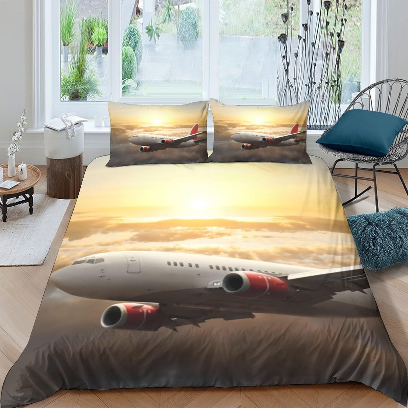 Ctjqhvkz Style-7 3D Printed Sunset Airplane Fitted Sheet Microfiber Soft Breathable Dawn Flight Bed Cover For Bedroom Guest Room Decor Single（135X200cm）