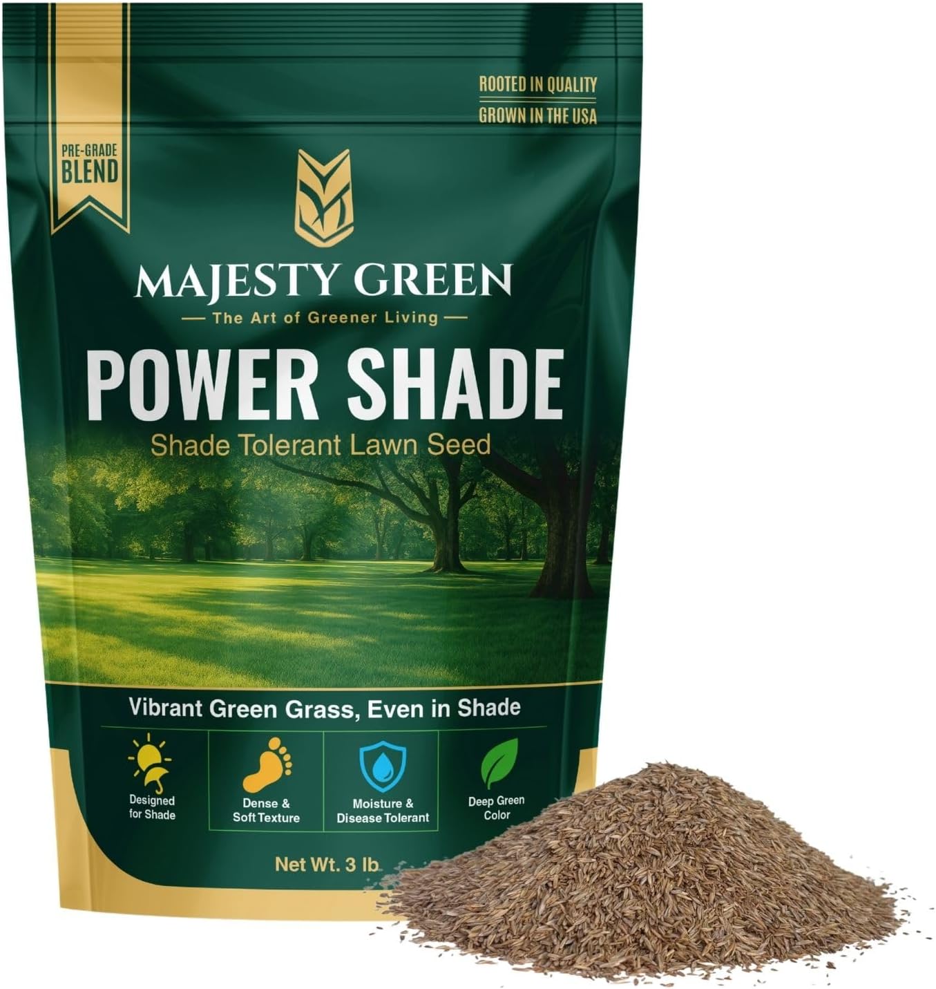 Power Shade - Shade Tolerant Grass Seed for Low Light Areas - Provides Lush, Dense Texture and Vibrant Green Color for a Soft, Velvety Lawn - Ideal for Shady & Damp Spaces - 3lbs Pack