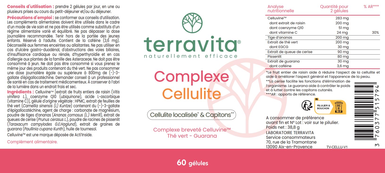 Complexe Cellulite | Innovation Clinique Celluvine™ + Bromélaïne + Plantes Drainantes | Triple Action : Circulation, Drainage et Inflammation | 60 Gélules | Fabriqué en France | Terravita