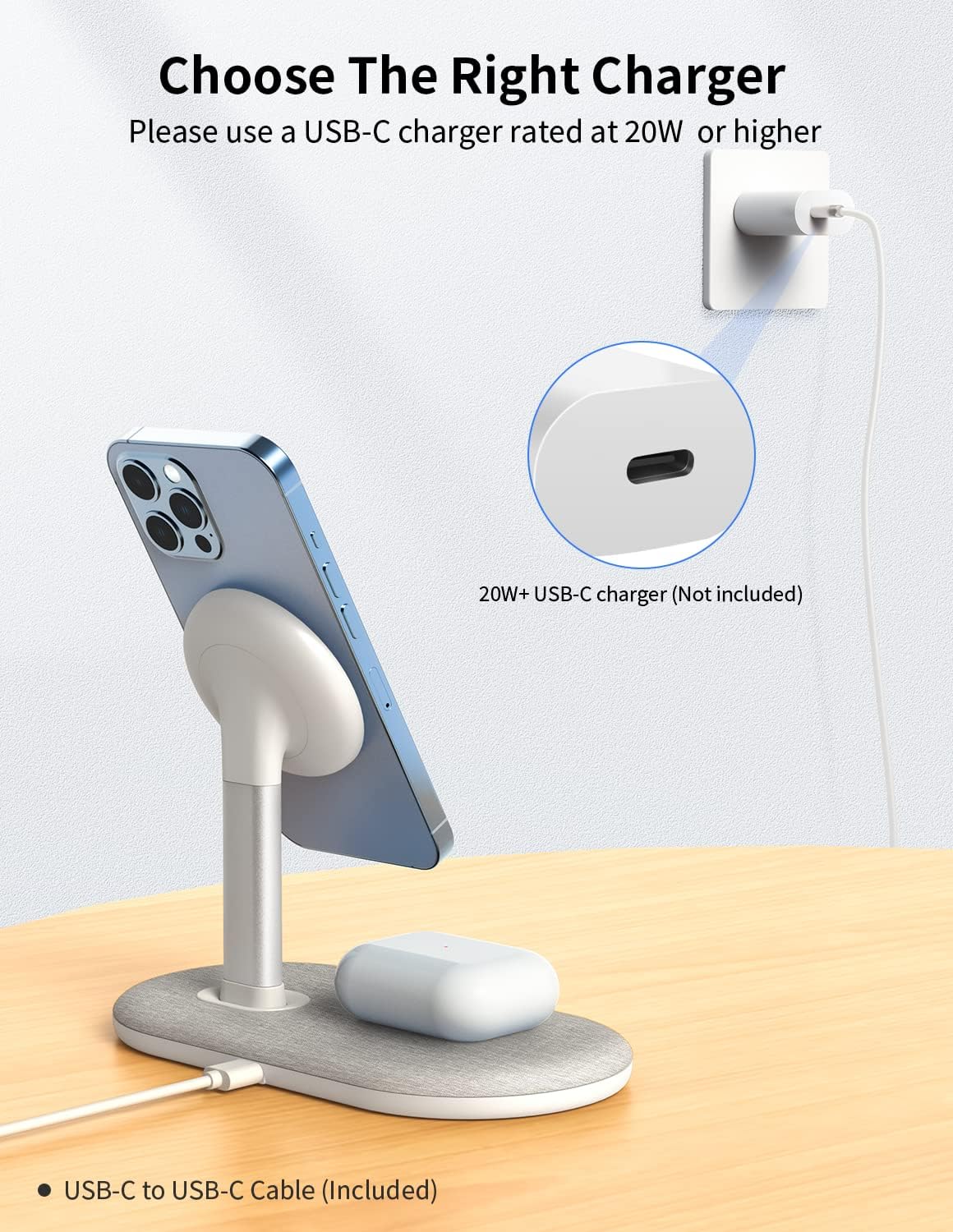 Image showing the MOMAX Q.Mag Dual Magnetic Wireless Charging Stand connected to a 20W+ USB-C charger