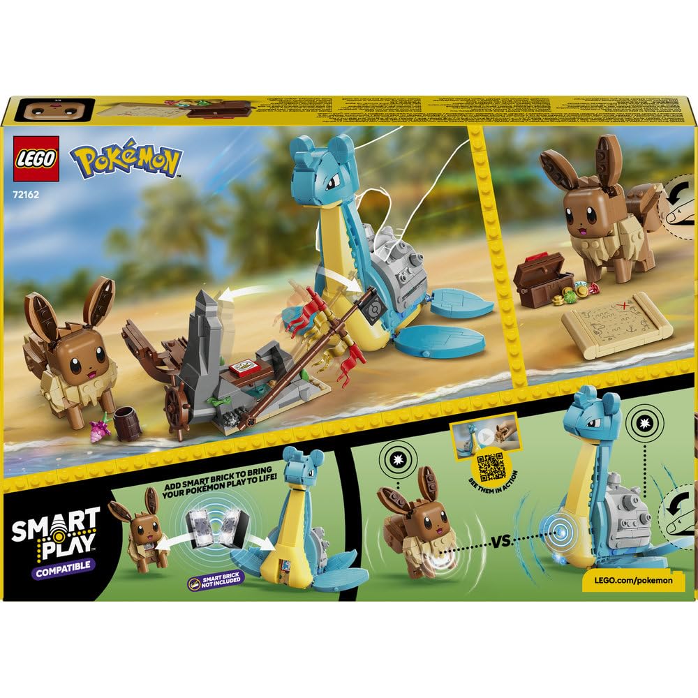 LEGO Pokémon SMART Play: Eevee i Lapras — poszukiwanie skarbów 72162 | Interaktywna zabawka z figurkami Pokémonów z klocków, zestaw kompatybilny, prezent dla dzieci 8+, 3 SMART Tagi, 623 elementy