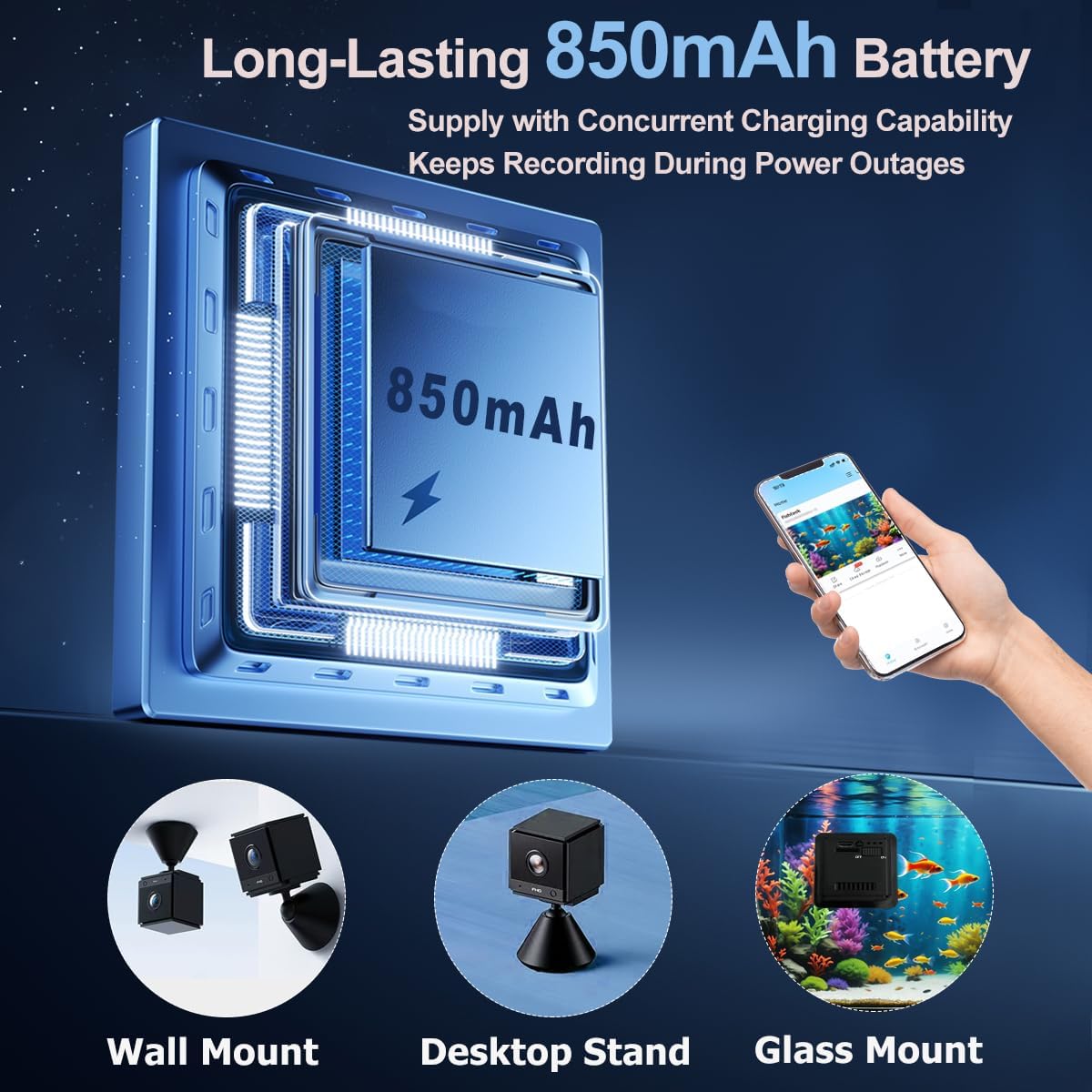 2K HD Aquarium Camera for Fish: Tanks Reptile Terrariums Camera - Anti-Glare Lens Night Vision Two-Way Audio AI Motion Detection – Aquarium Accessories with 32GB SD Card 850mAh Battery & Instructions