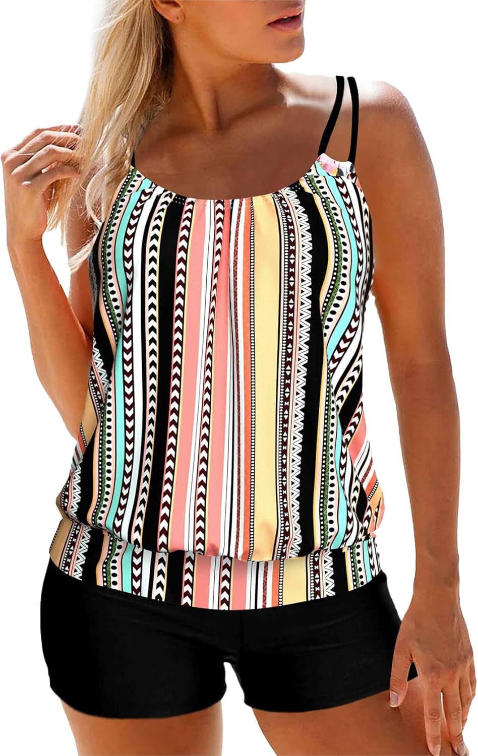 Modlily Tummy Control Tankini Swimsuits for Women, Lightweight Two Piece Bathing Suits, Blouson Top with Boyshorts