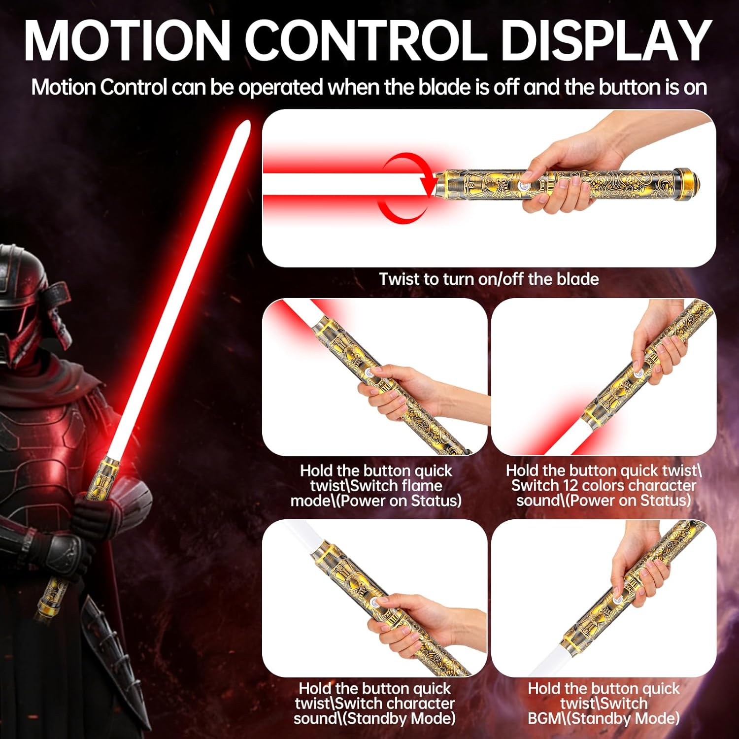 Lightsaber Dueling Light Saber with 12 RGB Colors 16 Sound Fonts Smooth Swing Motion Control Force FX Lightsabers Cosplay Props(1 Pack, Gold)