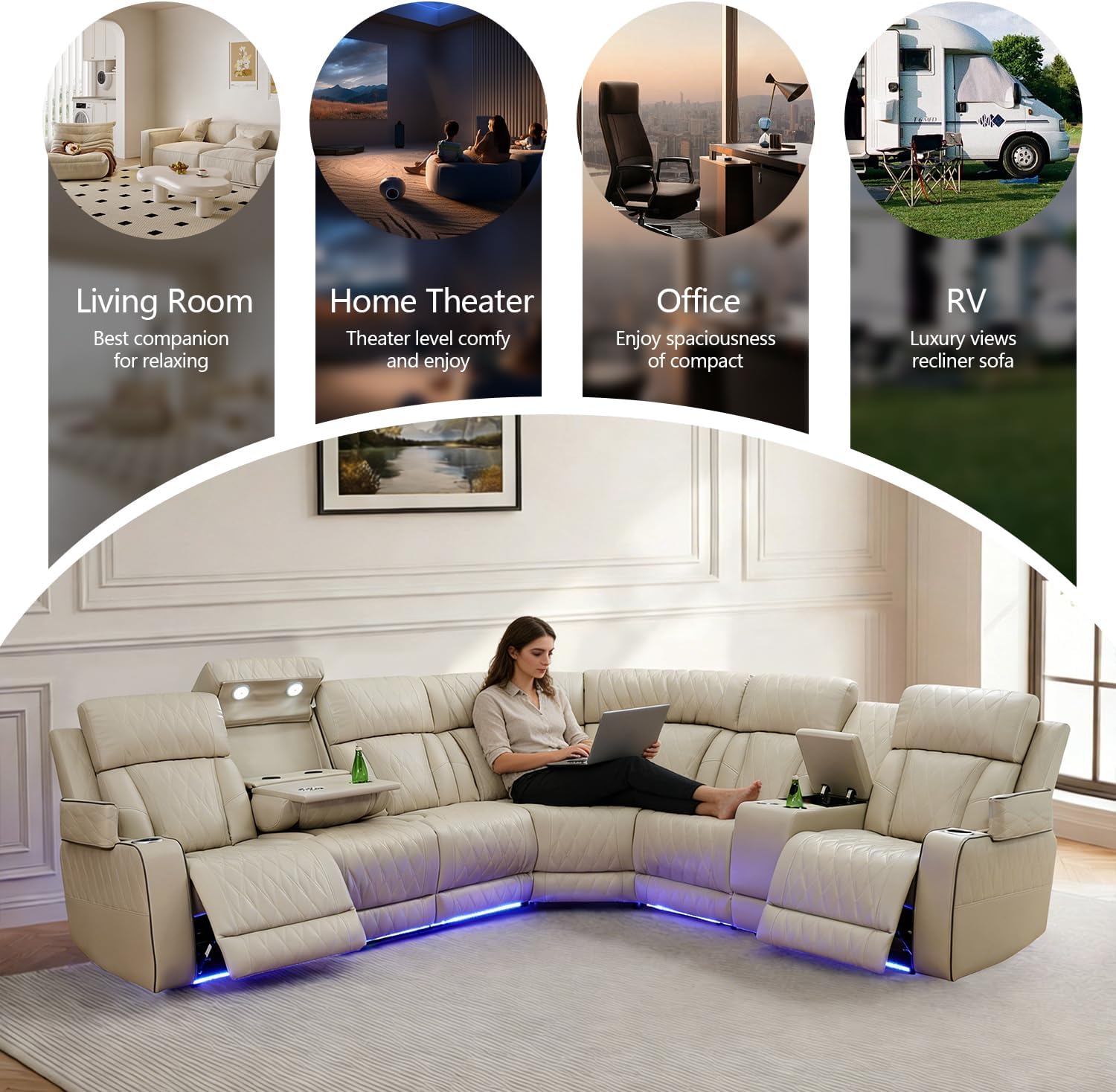Power Leather Recliner Sectional Sofa with LED Light,L Shaped Reclining Couch with USB Charger/Cup Holder/Storage,Leather Sofa for Living Room/Home Theater(Beige,Sectional+3 Seats)