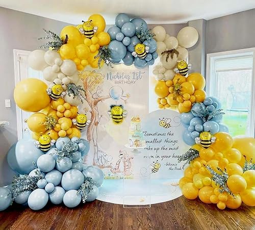 Guirnalda de globos azules y amarillos, globos de doble relleno blanco arena, azul polvoriento, amarillo, crema, kit de arco de globos para baby