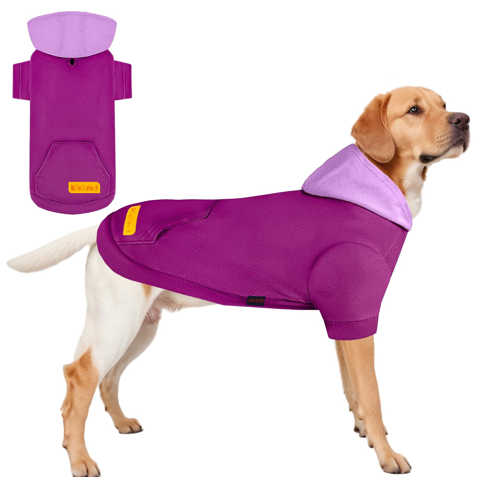 Kickred Dog Hoodie, Comfortable Warm Breathable Dog Sports Sweatshirts for Small Medium Large Dogs, Granular Velvet Sweater with Hat and Leash Hole (2XL, Purple Red+Light Purple Color Block)
