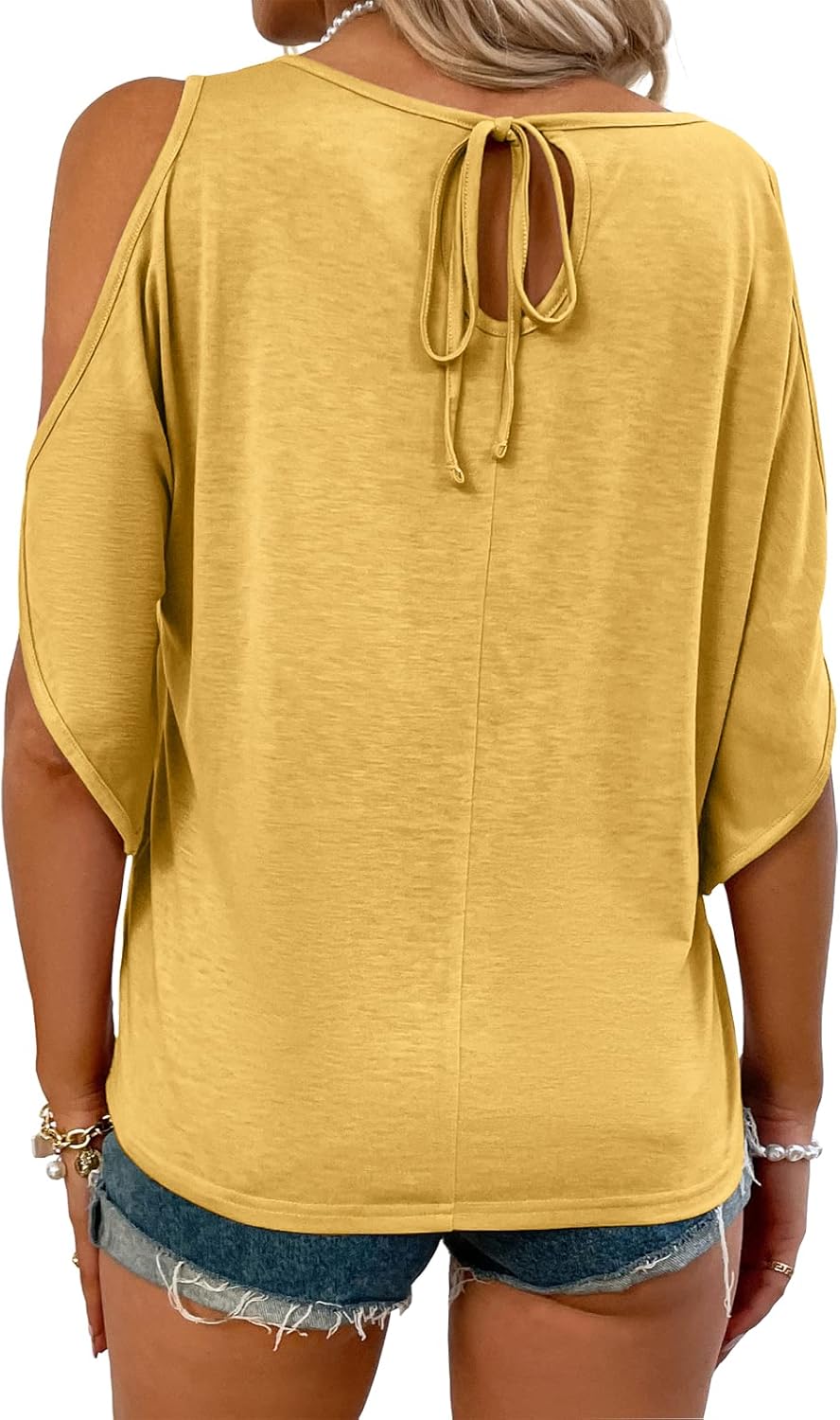 Aoysky Women Cold Shoulder Tops Summer Short Sleeve Shirt Scoop Neck Tee Casual Loose Fitting Solid Color Tunic Top - Image 2