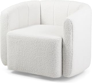 KOMFOTT Swivel Barrel Chair, Sherpa Fabric Accent Chair with Curved Backrest & Armrests, Upholstered Armchair with Wide Seat, Pumpkin Shaped Single Sofa Chair for Living Room, Bedroom, White (1)