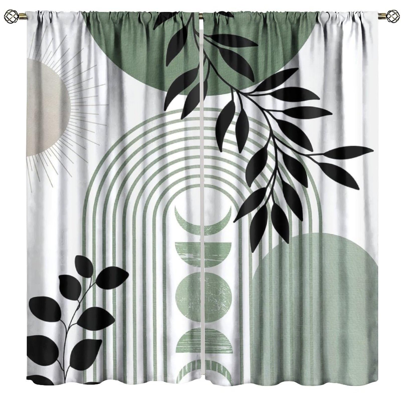 XBDDZSW Green Mid Century Boho Curtains,Abstract Leaves Arch Moon Phase Sun Geometric Modern Simple Pattern Print Window Drapes for Bedroom Living