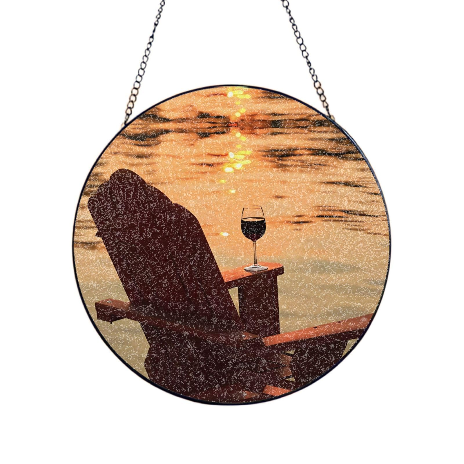 Phayah Chair And Wine At Sunset Lake Print Glass Window Hanging Sun Catchers Suncatcher Decor For Birthday For Home Garden Porch 10in（25cm）