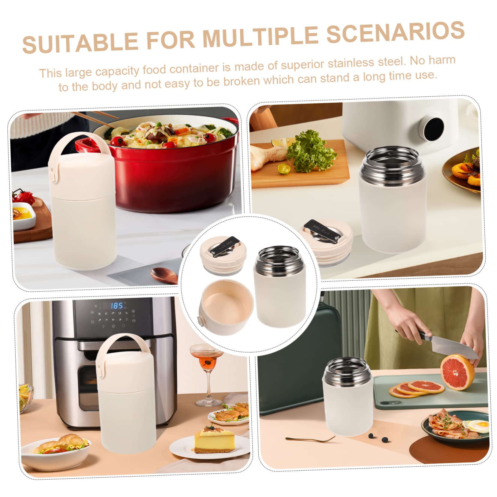 850ml Edelstahl Lebensmittelglas Thermobehälter mit Löffel und Henkel Auslaufsicher und Leicht zu Tragen für Outdoor Aktivitäten in Beige