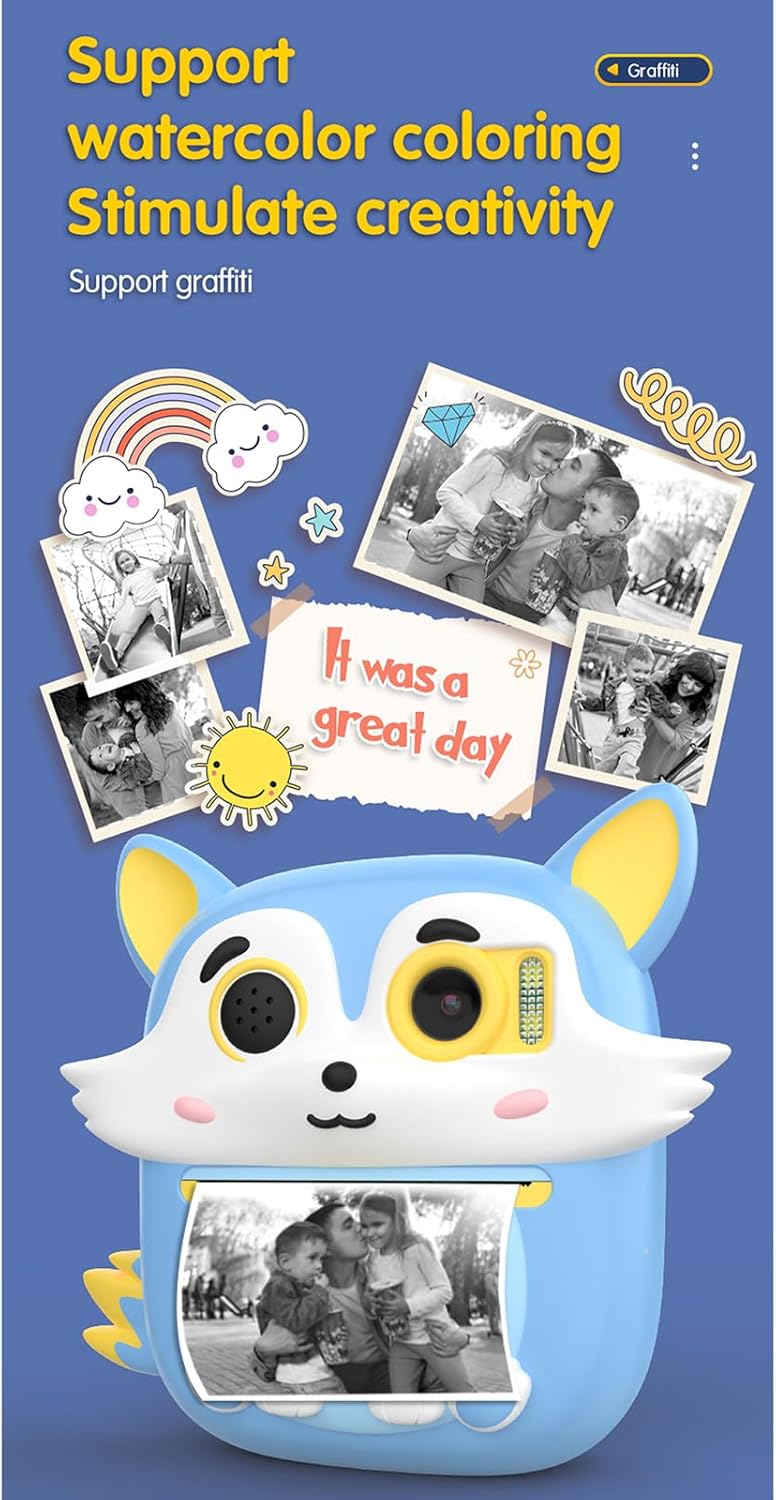 Animal Themed Childrens Camera 48MP With Instantly Printing Function 1080P Video Double Lens Silicone Covers For Adventure Animal Design Instantly Print Camera For Kids