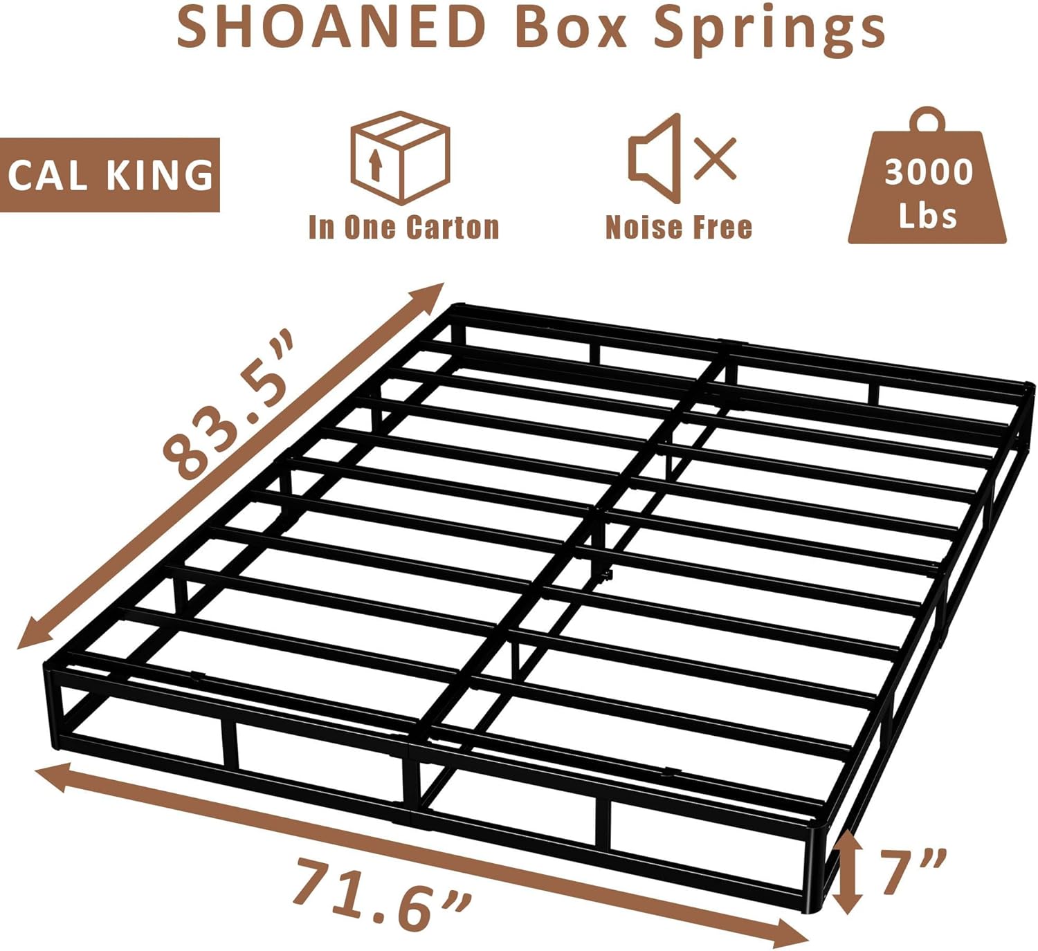 SHOANED Cal King Metal Box Springs - 7 Inch Low Profile Heavy Duty Black Basics Bed Base Non Slip Box Spring Mattress Foundation, Easy Assembly, No Noise