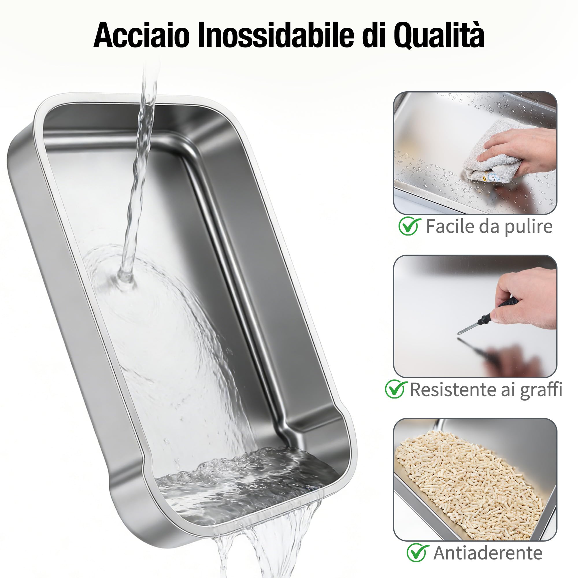Lettiera per Gatti in Acciaio Inox, Lettiera Gatto Chiusa con Coperchio, Tappetino e Paletta, Lettiere in Metallo Rimovibile con Carbone Attivo - Resistente Agli Odori, Per Gatti Fino a 5,4 kg