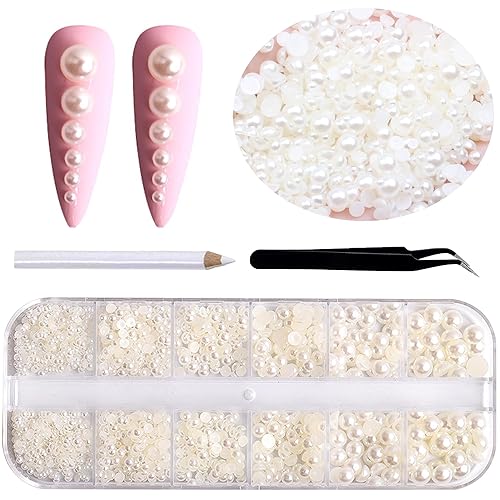 RODAKY 2000 perlas medias para manualidades, perlas semicirculares con parte trasera plana para uñas, 6 tamaños, cuentas de perlas beige, diamantes