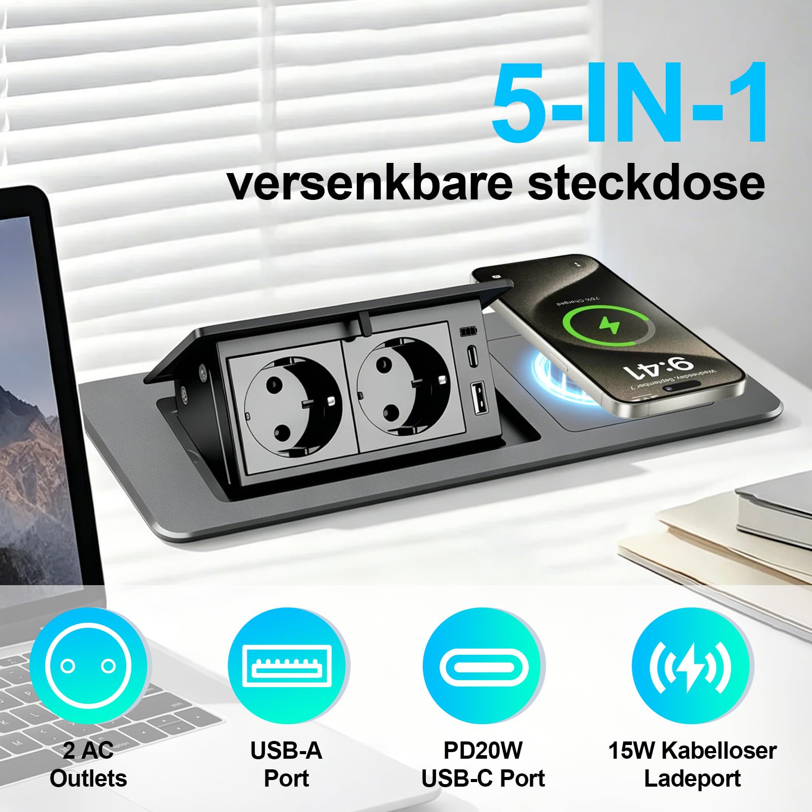 Enchufe retráctil de 2 vías con USB-C PD 20 W función de carga rápida y cargador inalámbrico de 15 W, enchufe de mesa emergente para encimera, escritorio y cocina, regleta que ahorra espacio