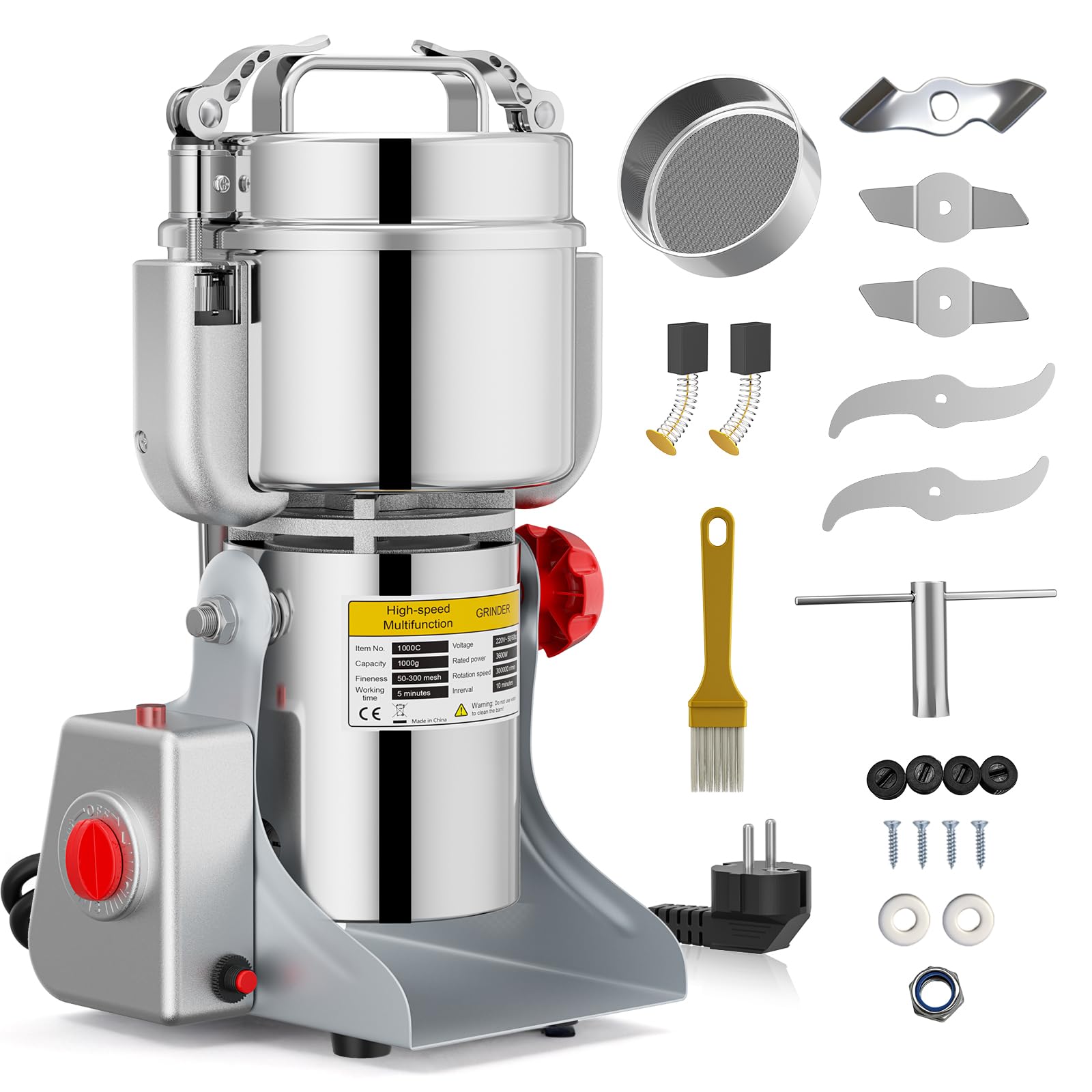 Macina portatile per cereali 220 V, agitare per macinare, smerigliatrice ad alta velocità in polvere, per erbe, spezie, noci/cereali con protezione da sovraccarico (1000 g)