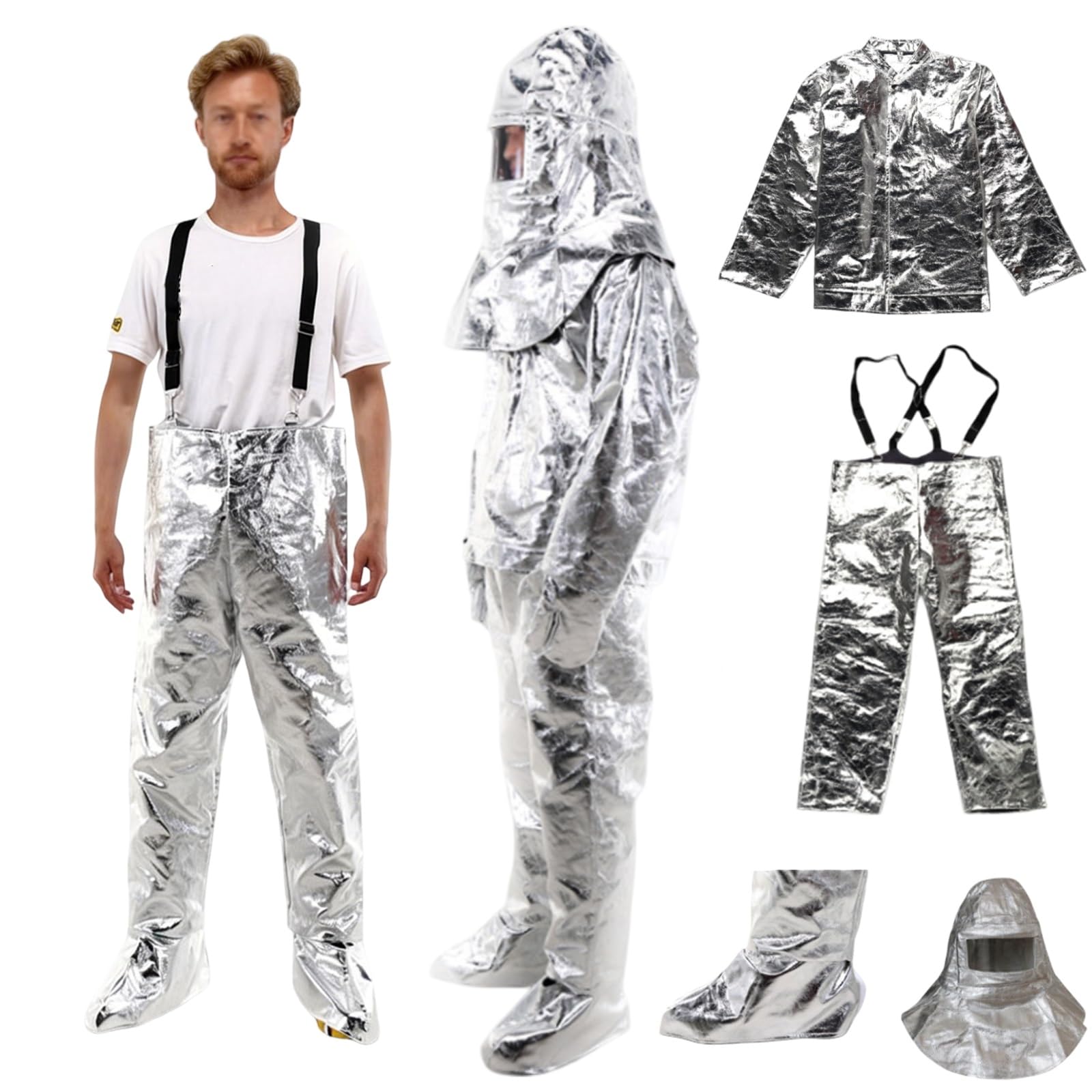 Hitzeschutzanzug bis 1000℃, Anzug aus Aluminiumfolien-Verbundmaterial, feuerfester Hitzeschutzanzug, 180° weites Sichtfeld, für Feuerwehr, Metallurgie, Industrie und Gewerbe