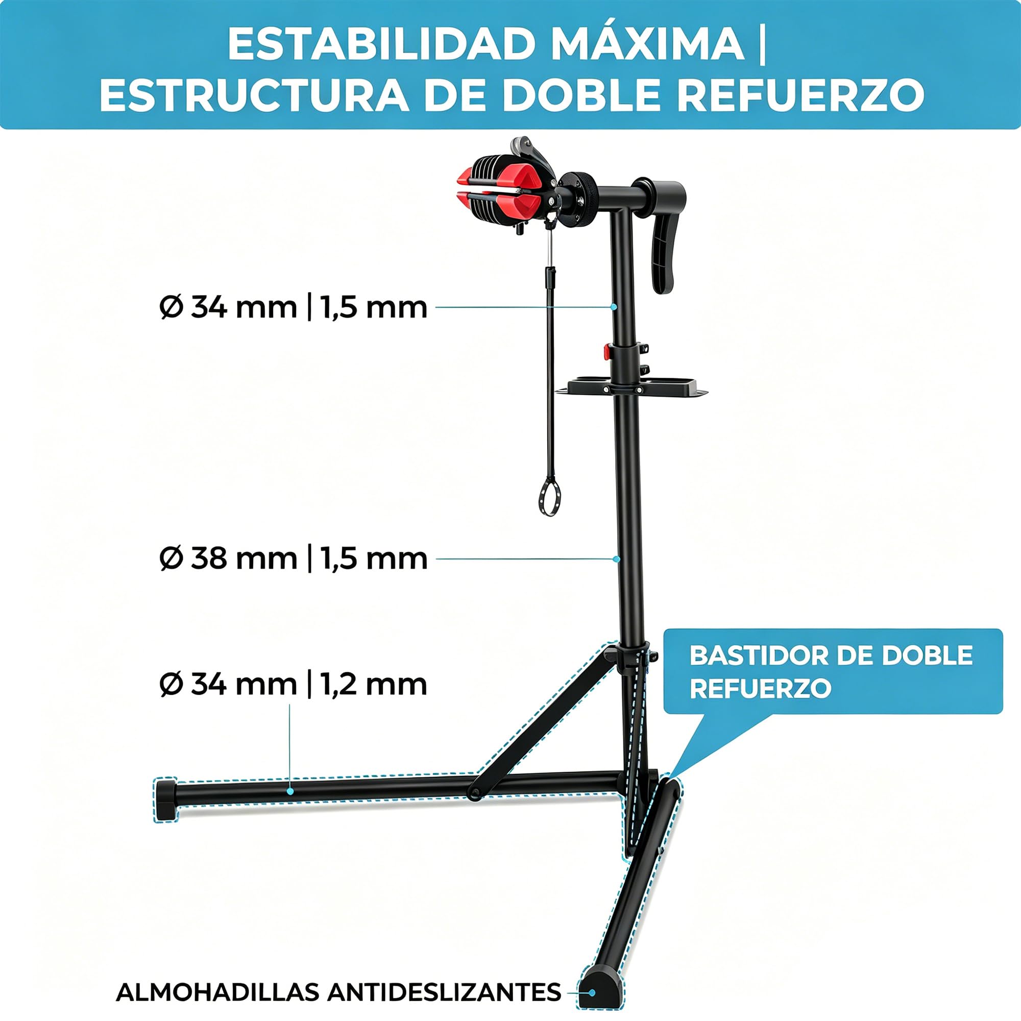Caballetes para bicicletas, Soporte reparación bicicletas con base bajo centro gravedad estable, bandeja magnética herramientas, cabezal giratorio 360°, plegable, carga máxima 30 kg