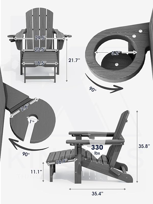 KINGYES Folding Adjustable Adirondack Chair with Ottoman & 2 Cup Holders Set of 4, HDPE Adirondack Recliner Chair with Footrest, Grey image 2
