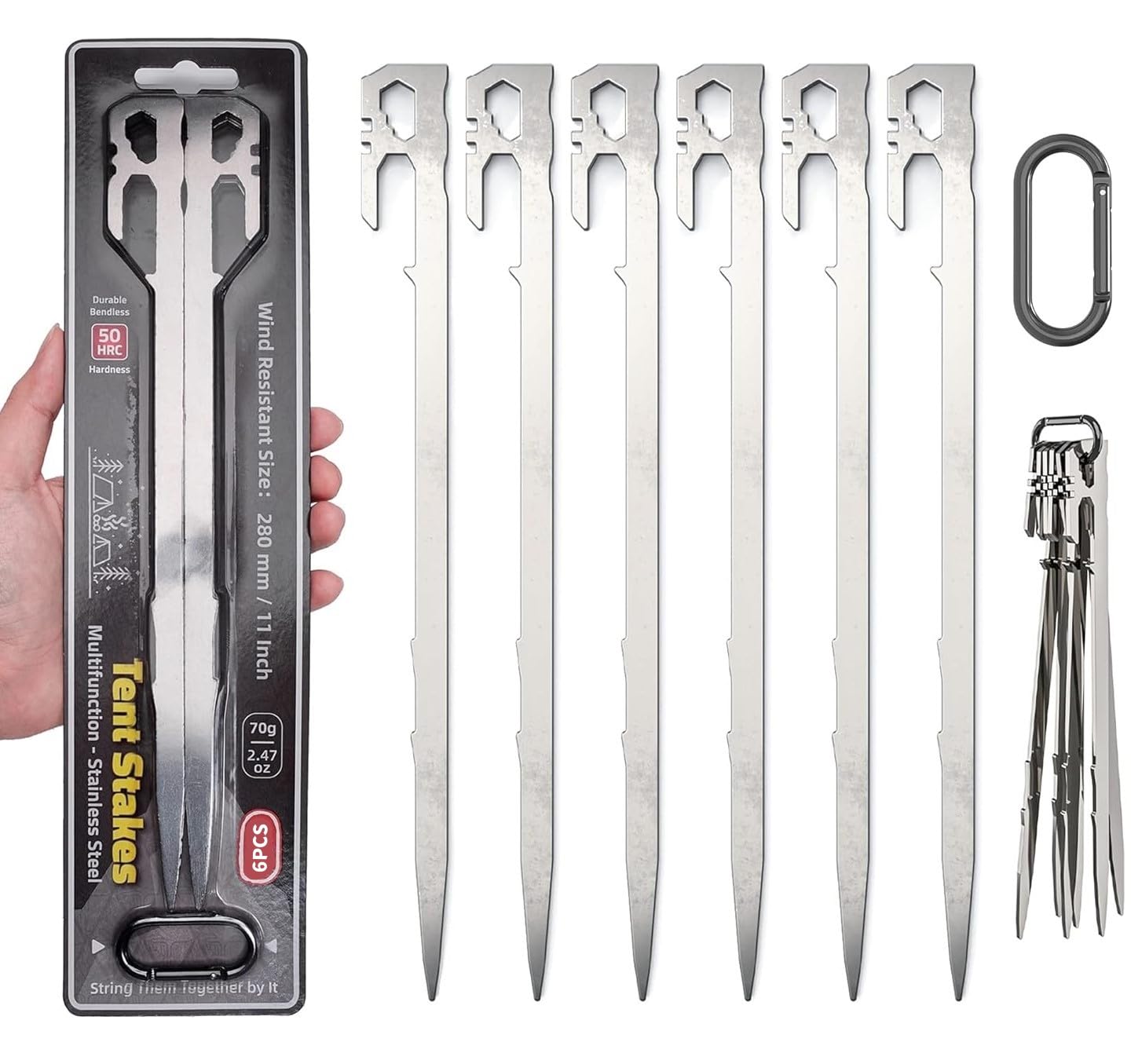 LATERN 6Pcs Heavy Duty Tent Pegs, 28CM Stainless Steel Camping Tent Stakes Multifunction Ground Stakes with Hook and Hole for Outdoor Trip Hiking Gardening Large Hard Ground Rocky (With a Carabiner)