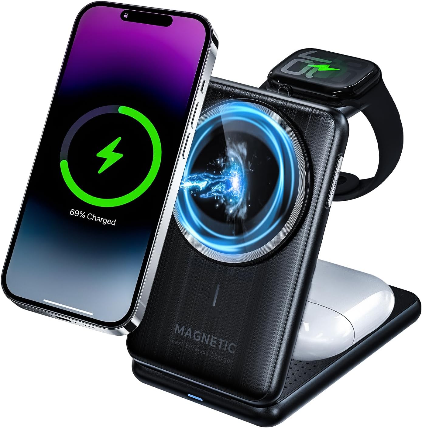 Upgraded 3-in-1 Magnetic Wireless Charger, Foldable Charging Station, Electromagnetic Induction Base,Compatible with MagSafe,Compatible with iPhone 12-17 Series, Apple Watch, and AirPods