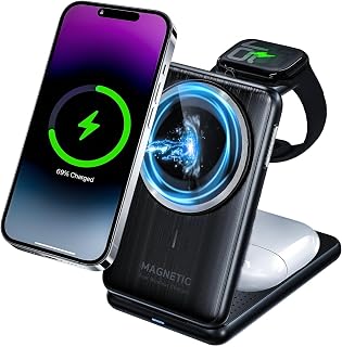 Upgraded 3-in-1 Magnetic Wireless Charger, Foldable Charging Station, Electromagnetic Induction Base,Compatible with MagSafe,Compatible with iPhone 12-17 Series, Apple Watch, and AirPods