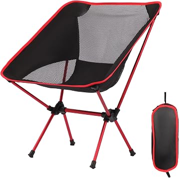Ultralight Camping Chair, Foldable Portable Camping Chair with Breathable Nylon Mesh, Compact Design & Carry Bag for Hiking, Backpacking, Beach, Concerts Black&red