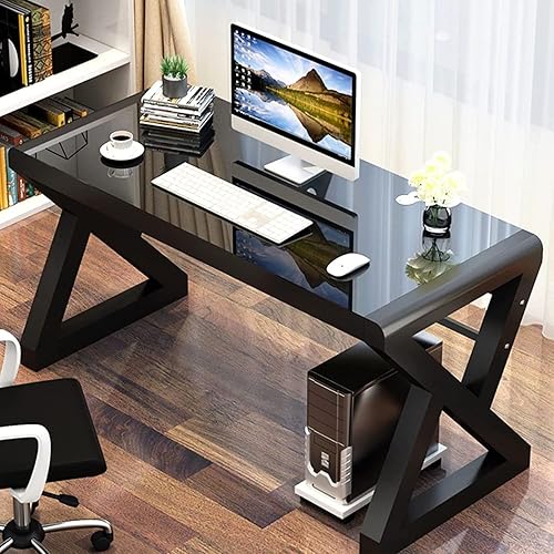 Escritorio de computadora para oficina en casa, escritorio de 55.1 pulgadas, moderno, simple, de vidrio negro, mesa de computadora, escritorio de