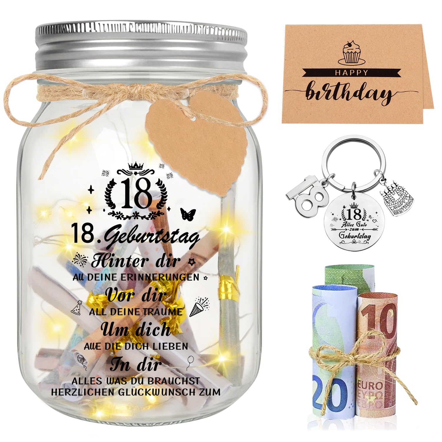 VICTERR Geldgeschenk 18 geburtstag mädchen junge,LED Flaschenlicht geldgeschenke geburtstag18,mädchen junge geburtstag Kreatives Geschenk mit exquisitem Schlüsselanhänger, Geburtstagskarte