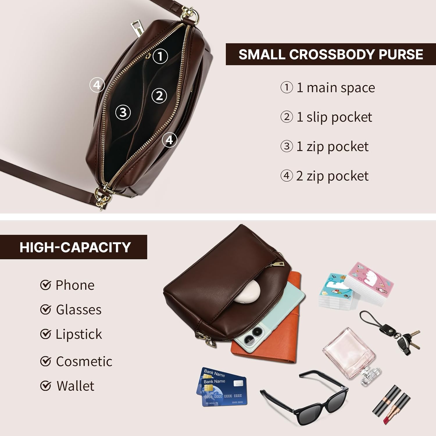 Triple Zip Crossbody Bag for Women - Vegan Leather Camera Purse with Detachable Strap & Organizer Pockets for Travel - Image 4