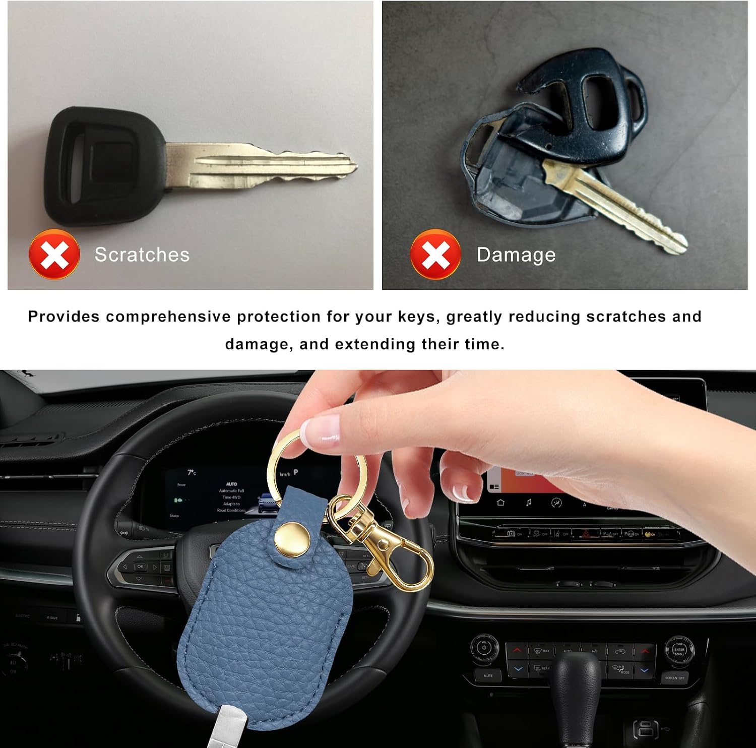 2PCS Leather Car Key Cover, Stylish Car Keys Sleeve Protector, Blue image 3