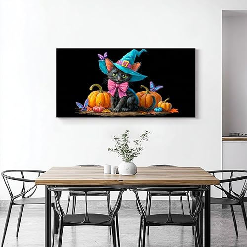 Miniatura 2 de 30"x 60" Canvas Wall Art Vintage Halloween Spooky Ghost Witch Black Cat Crow Painting Framed Pictures Painting Prints Large Wall Art for Living Room