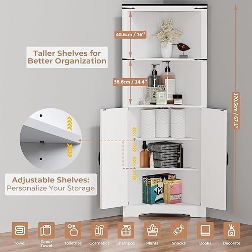 Miniatura 4 de Armario de almacenamiento de baño esquinero alto con puertas de granero, armario de cocina blanco, vitrina de esquina, independiente de 67 pulgadas,