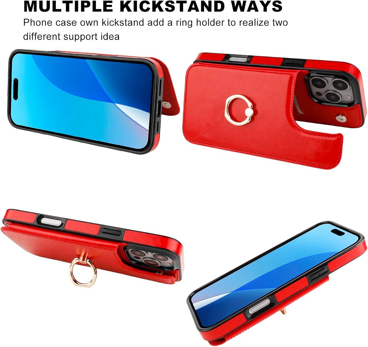 ONETOP for iPhone 16 Pro Max Wallet Case with Card Holder, 360° Rotation Ring Kickstand RFID Blocking PU Leather Double Magnetic Clasp Shockproof Cover for Women and Girls 6.9 Inch (Red) - Image 3