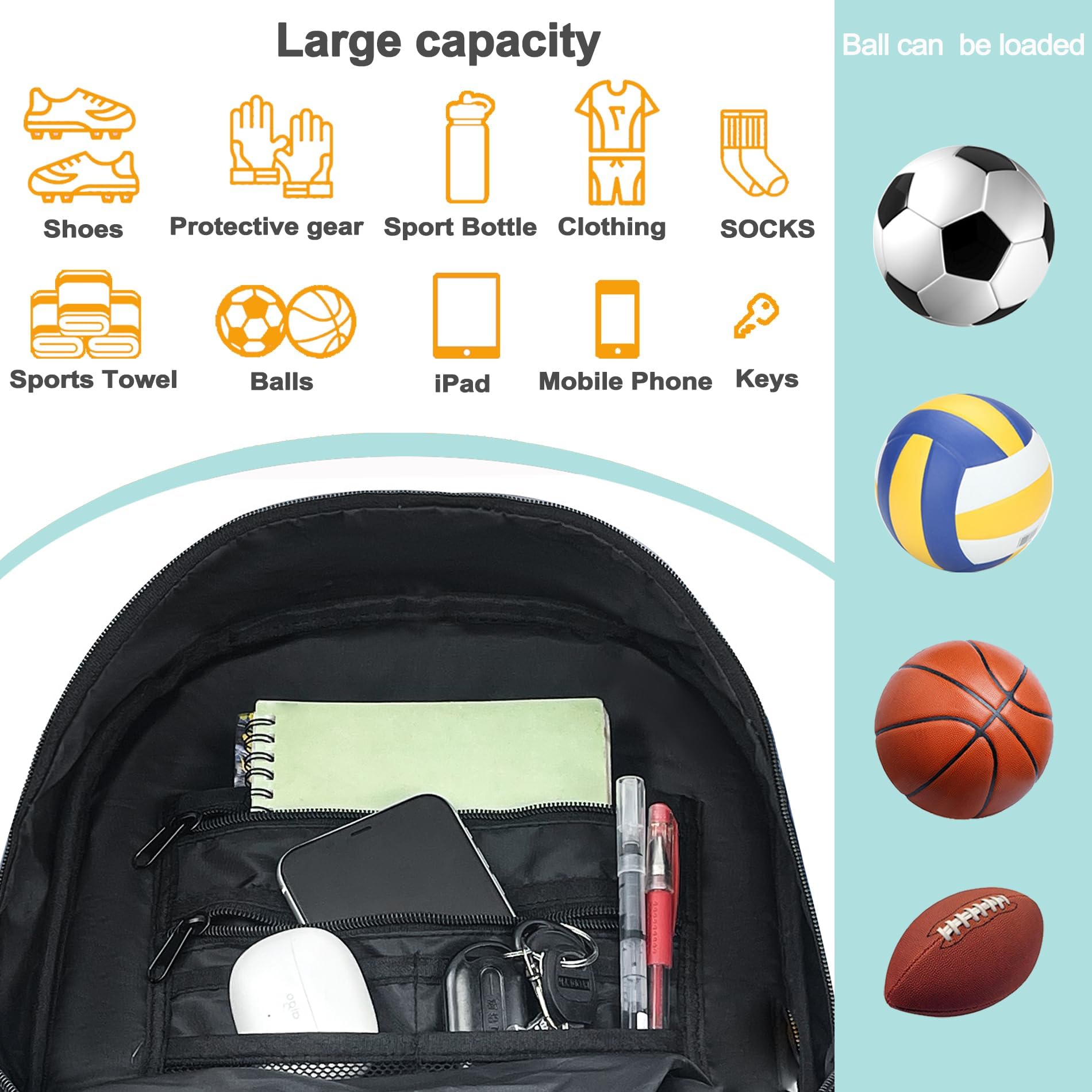 DAFISKY Jugend-Fußball-Rucksack – Fußballtasche mit Schuhen und Ballfach, Sporttasche für Basketball, Volleyball, Fußball, Schwarz
