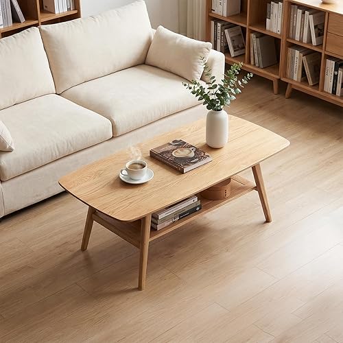 Miniatura 3 de Mesa auxiliar de madera maciza, mesa central de madera de 2 niveles para sala de estar, apartamento y oficina, mesa rectangular rústica de granja,