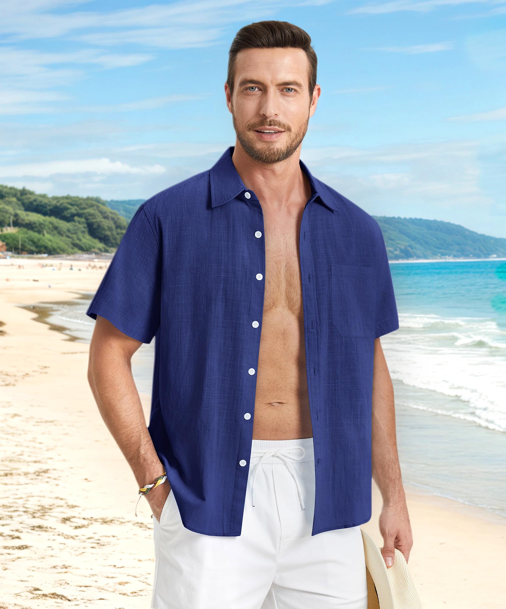 HISDERN Camicia da uomo a maniche corte, vestibilità regolare, casual, con bottoni, a contrasto interno, da lavoro, con tasca formale