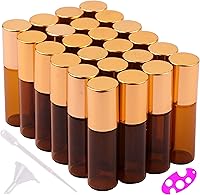 MaxMau 24 Pack 5ml Amber Glass Roller Bottles w/ Stainless Steel Balls & Golden Caps - Essential Oils, Aromatherapy, Travel