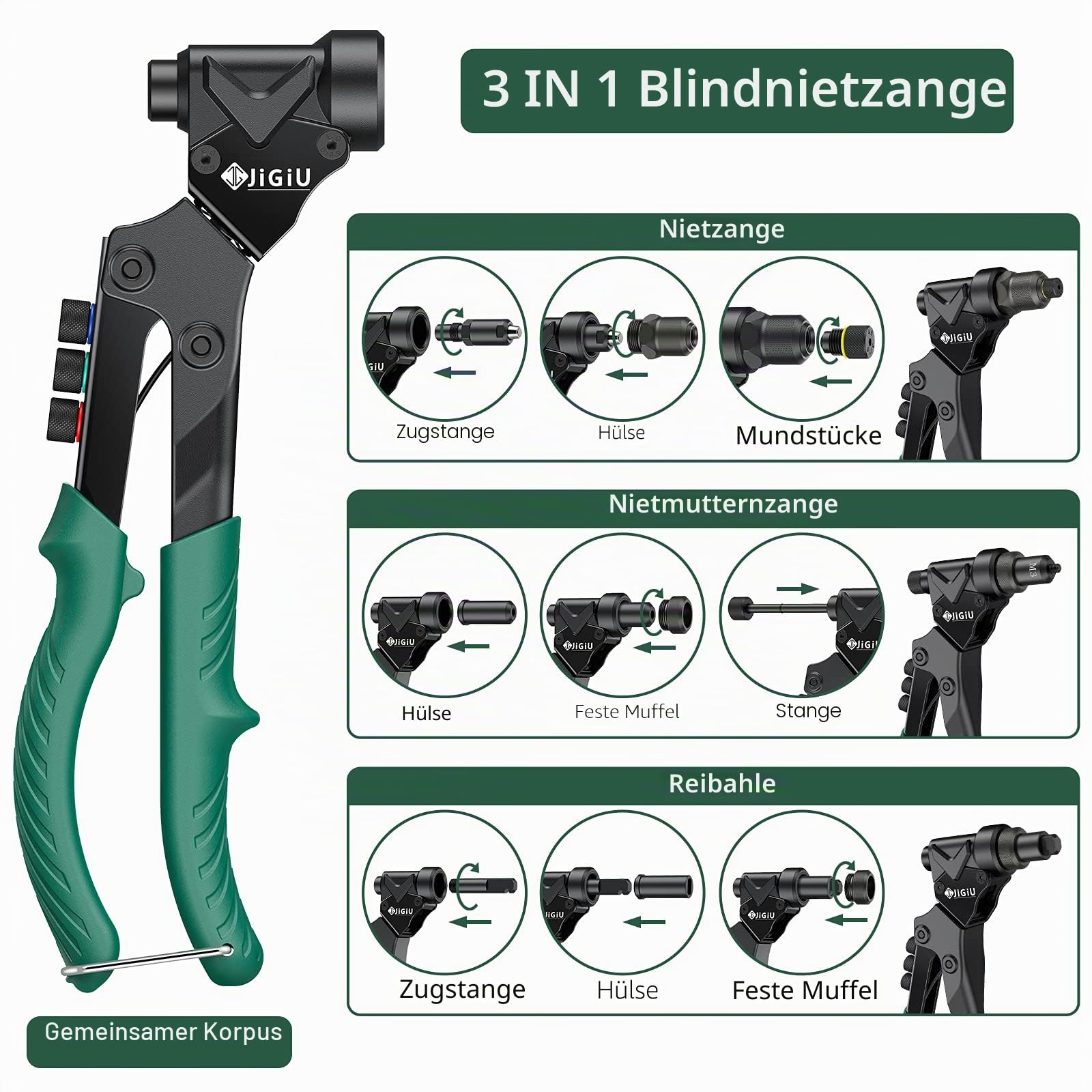 JiGiU 3 IN 1 Nietmutternzange Set, 360° Drehkopf, mit 40 Mutter & 40 Nieten