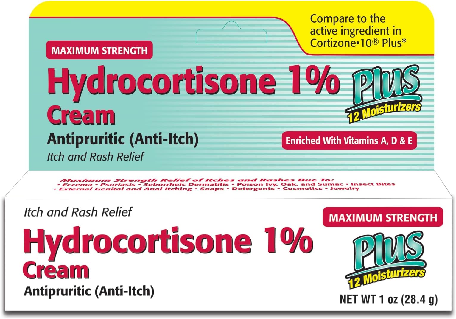 Hydrocortisone Cream 1% with 12 Moisturizers (2 Fl Oz) Fast-Acting Maximum Strength Anti-Itch Relief for Eczema, Psoriasis, Rashes, Hives, Bug Bites & Irritated Skin