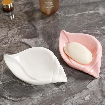 Sea-Shell Soap Holder 2 Pack, Ceramic Soap Tray with Self Draining, Soap Tray for Sink Washroom Bathroom Shower, Small Cute and Elegant Holder with Glaze, Easy Cleaning