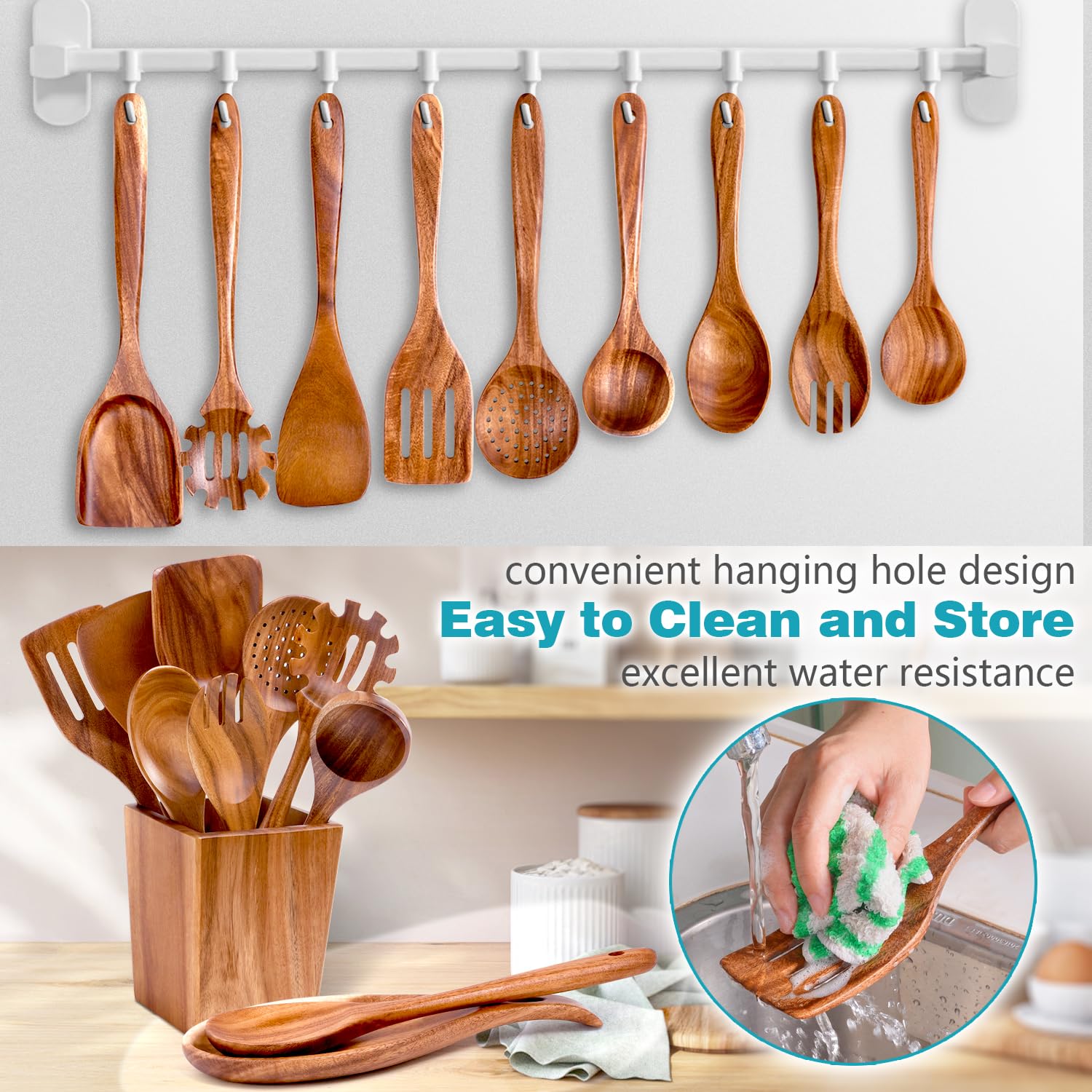 HOWHONG Ensemble d'ustensiles de cuisine en bois d'acacia – 11 cuillères en