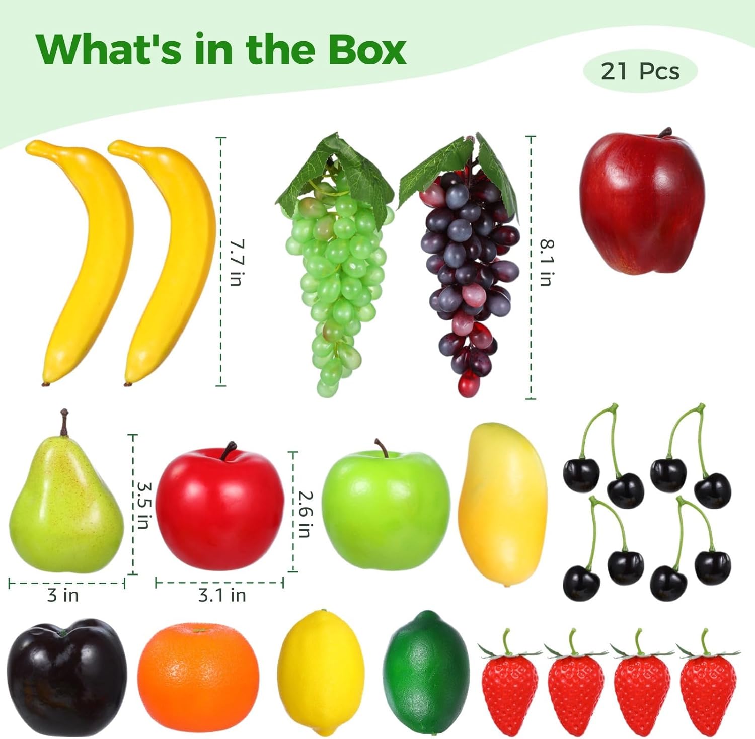 21-Piece Artificial Fruit Set, Faux Fruit Models for Home and Table Decoration, Includes Apples, Grapes, Bananas, Strawberries, and More for Photography and Displays