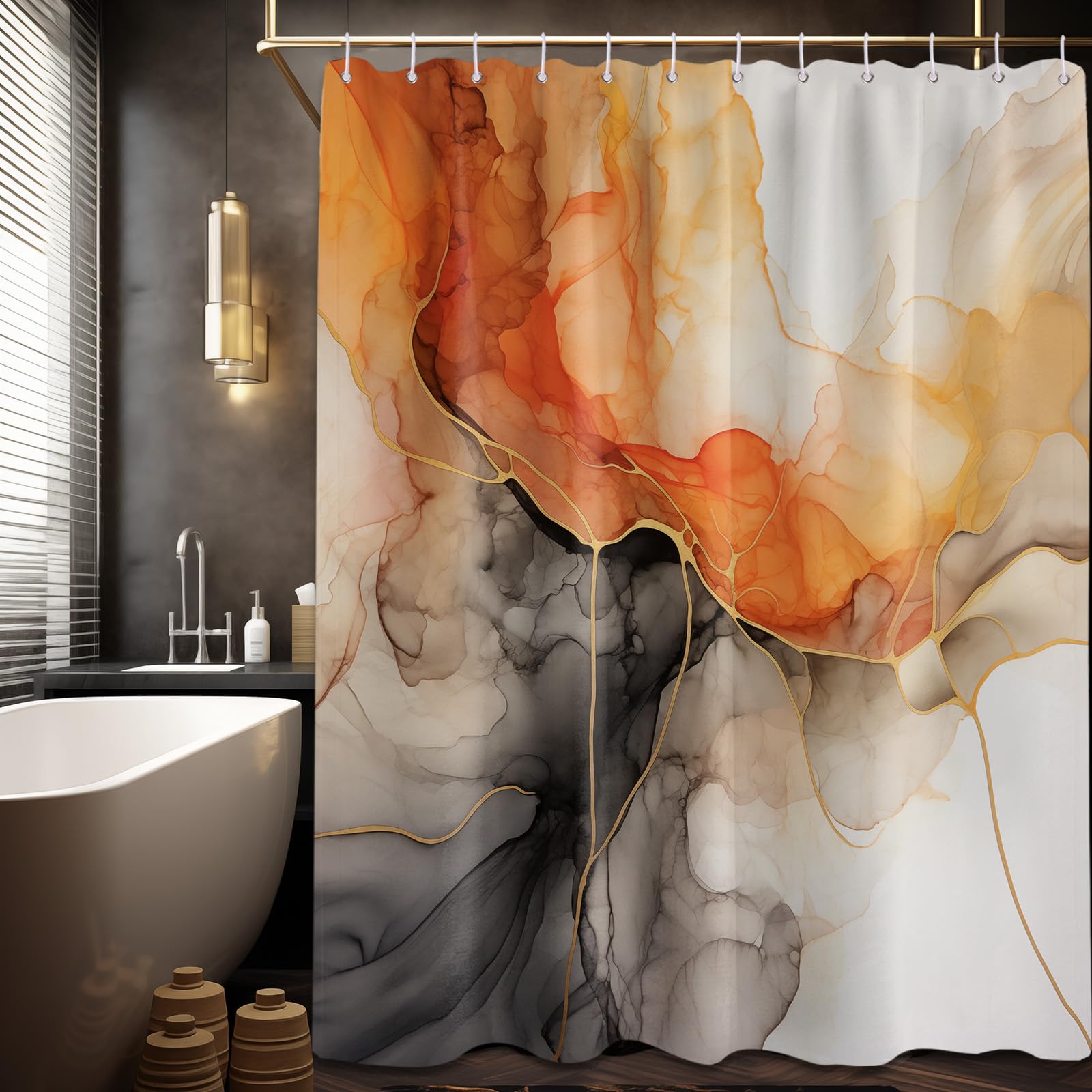 Lvetong Orange Marble Shower Curtain Abstract Modren Crack Colorful Bathroom Decor, Waterproof Cloth Fabric with Hooks(70" Wx78 L)
